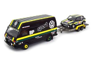 VW VOLKSWAGEN SET WITH LT35 AND RABBIT (GOLF) 1 GTI NO.10. RALLY TOUR DE FRANCE PANCIATICI 1981 WITH TRAILER LIMITED EDITION 2000 PCS.