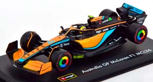 MCLAREN F1 MCL36 MERCEDES TEAM MCLAREN N 4 AUSTRALIAN GP 2022 LANDO NORRIS - WITH HELMET AND PLASTIC SHOWCASE, ORANGE LIGHT BLUE