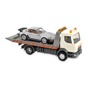 RENAULT CARRO ATTREZZI TRUCK CAR TRANSPORTER WITH PORSCHE 911 930 3.0 TURBO COUPE 1987, WHITE SILVER