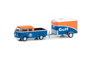 VW VOLKSWAGEN T2 ПИКАП С ДВОЙНОЙ КАБИНОЙ "GULF OIL" С ПРИЦЕПОМ 1975 BLUE/ORANGE/WHITE (ДЛИНА МОДЕЛИ 6-10 СМ)