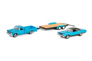 DODGE D-200 1967 С ПРИЦЕПОМ-АВТОВОЗОМ И PLYMOUTH GTX 1969 (ИЗ ТЕЛЕШОУ "МАШИНЫ С ТОГО СВЕТА") (ДЛИНА МОДЕЛИ 6-10 СМ)