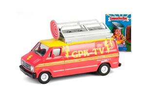 DODGE B-100 С ЛЕСТНИЦЕЙ И СПУТНИКОВОЙ ТАРЕЛКОЙ НА КРЫШЕ "DISH GRACE" 1976 RED/YELLOW (ДЛИНА МОДЕЛИ 6-10 СМ)