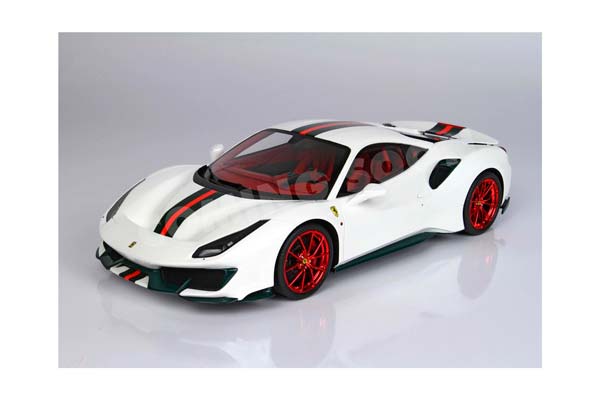 FERRARI 488 PISTA - METAL DIECAST - FULL OPEN BIANCO ITALIA METALLIZZATO WITH STRIPE GREEN/RED - LUXURY PACK - BASE AND CASE INCLUDED / ФЕРРАРИ 488 ПИСТА 1:18 КРАСНЫЙ
