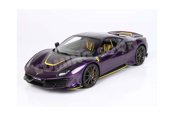 FERRARI 488 PISTA - METAL DIECAST - FULL OPEN VIOLET HONG KONG WITH YELLOW ACCENTS - LUXURY PACK - BASE AND CASE INCLUDED / ФЕРРАРИ 488 ПИСТА 1:18 ЖЕЛТЫЙ